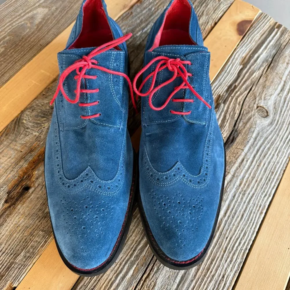 Bugatchi blue suede wing tip dress shoes - loafers - red laces - size 12.5 - Picture 3 of 9